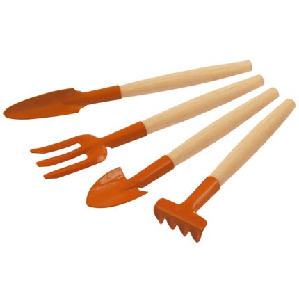 CONJUNTO PARA JARDIM, 4 PECAS COM LAMINA METALICA, CABO DE MADEIRA, EMBALAGEM PLASTICA TRAMONTINA