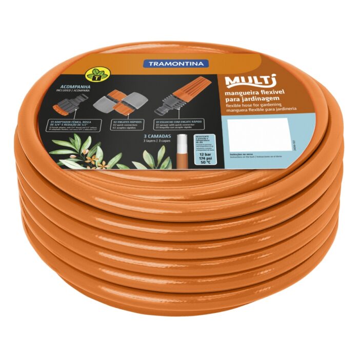 MANGUEIRA SUPER FLEX EM PVC LARANJA PARA JARDIM DE 1/2, COM 30 METROS E COM ENGATES PLASTI TRAMONTINA - Imagem 1